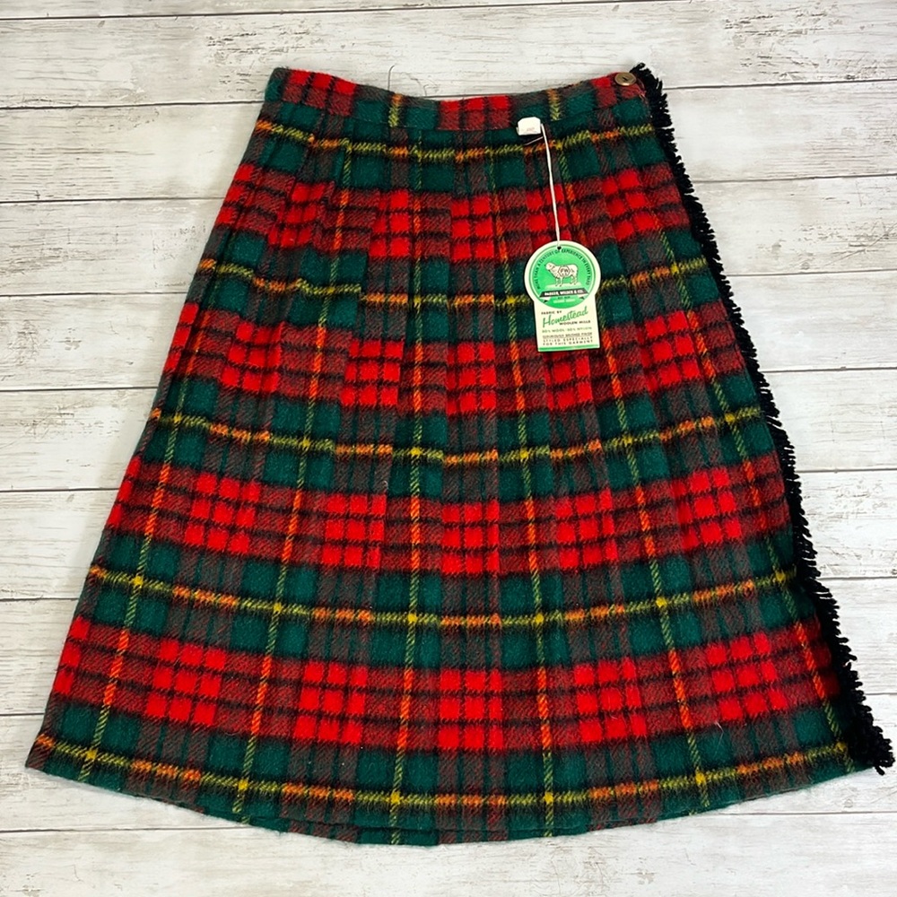 Vintage pleated wool blend tartan plaid skirt with fringe, small